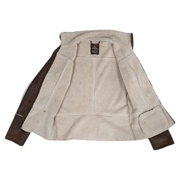 Prana Faux Suede Sherling Leather Sherpa Lining Dark Brown Zip Up Jacket Size XS - Picture 12 of 13
